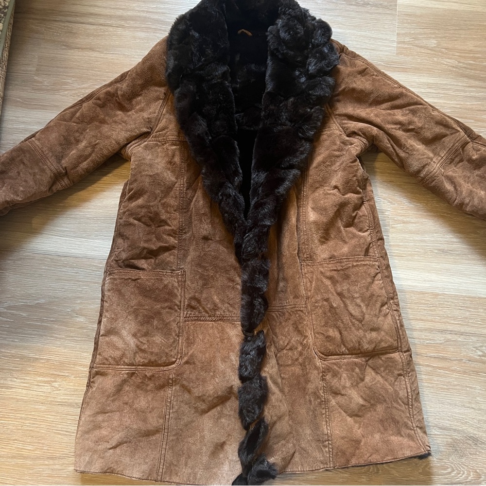 Vintage Fashion Elements Suede Coat faux Fur Collar Brown Small penny lane 70s
